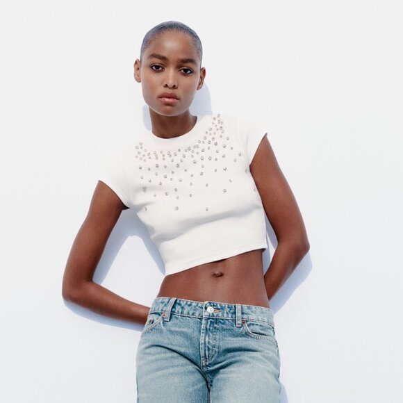 ✨ White Jewel Crop Tee | Zara - Picture 1 of 4